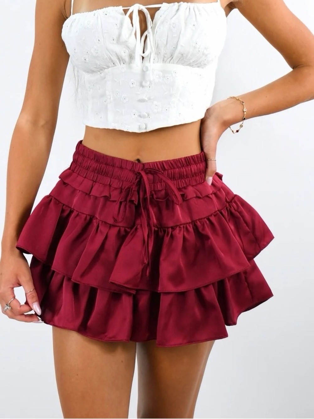 NWT Day + Moon | Satin Ruffle Tiered Skort garnet burgundy L